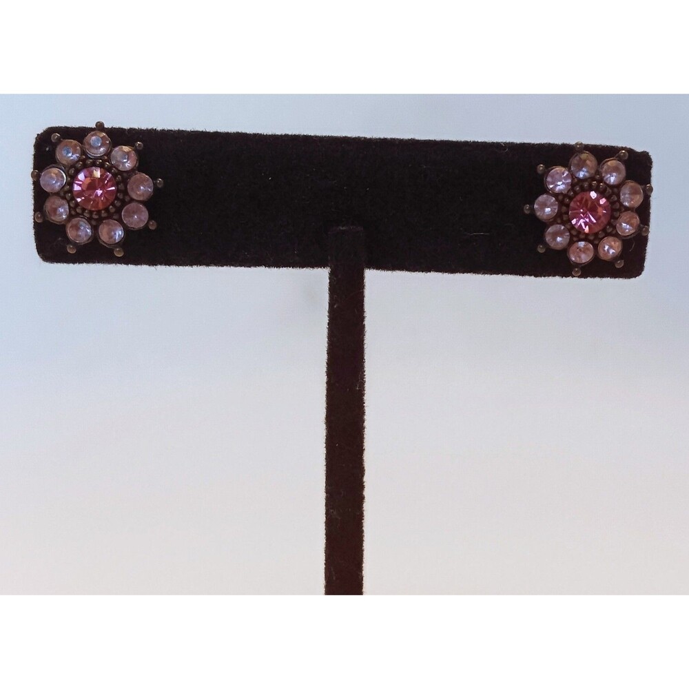 Avon Pink Floral Glass Rhinestone Stud Earrings 1/2 in
